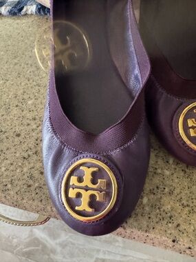Tory Burch Plum Leather Logo Ballet Flats